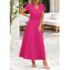 imagePRETTYGARDEN Womens Summer Maxi Dresses 2025 Trendy Casual Button V Neck Ruffle Cap Sleeve Long Flowy Pleated DressRose Red