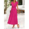 imagePRETTYGARDEN Womens Summer Maxi Dresses 2025 Trendy Casual Button V Neck Ruffle Cap Sleeve Long Flowy Pleated DressRose Red