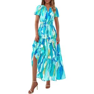imagePRETTYGARDEN Womens 2025 Summer Boho Maxi Dresses Floral Short Sleeve V Neck A Line Tiered Flowy Long Beach Vacation DressBlue