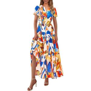imagePRETTYGARDEN Womens 2025 Summer Boho Maxi Dresses Floral Short Sleeve V Neck A Line Tiered Flowy Long Beach Vacation DressBlue Watercolour