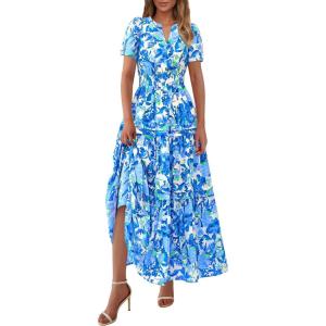 imagePRETTYGARDEN Womens 2025 Summer Boho Maxi Dresses Floral Short Sleeve V Neck A Line Tiered Flowy Long Beach Vacation DressFloral Blue