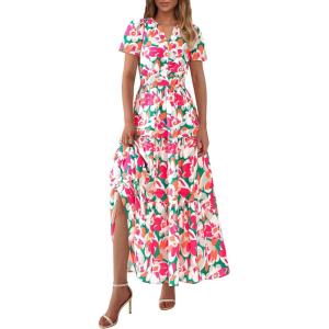 imagePRETTYGARDEN Womens 2025 Summer Boho Maxi Dresses Floral Short Sleeve V Neck A Line Tiered Flowy Long Beach Vacation DressGreen Pink Floral