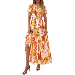 imagePRETTYGARDEN Womens 2025 Summer Boho Maxi Dresses Floral Short Sleeve V Neck A Line Tiered Flowy Long Beach Vacation DressPink Watercolour