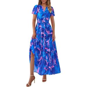 imagePRETTYGARDEN Womens 2025 Summer Boho Maxi Dresses Floral Short Sleeve V Neck A Line Tiered Flowy Long Beach Vacation DressRoyal Blue