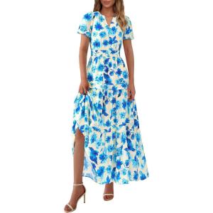 imagePRETTYGARDEN Womens 2025 Summer Boho Maxi Dresses Floral Short Sleeve V Neck A Line Tiered Flowy Long Beach Vacation DressWhite Blue Floral