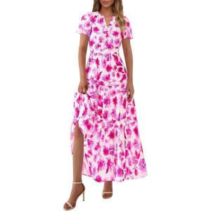 imagePRETTYGARDEN Womens 2025 Summer Boho Maxi Dresses Floral Short Sleeve V Neck A Line Tiered Flowy Long Beach Vacation DressWhite Pink Floral