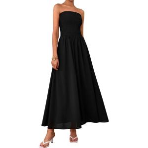 imagePRETTYGARDEN Womens Strapless Wedding Guest Dresses 2025 Summer Trendy Elegant Smocked Tube Top Maxi Long Flowy SundressBlack