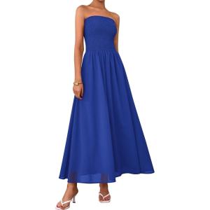 imagePRETTYGARDEN Womens Strapless Wedding Guest Dresses 2025 Summer Trendy Elegant Smocked Tube Top Maxi Long Flowy SundressBlue
