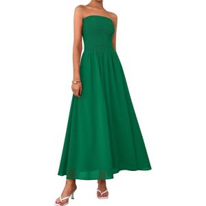 imagePRETTYGARDEN Womens Strapless Wedding Guest Dresses 2025 Summer Trendy Elegant Smocked Tube Top Maxi Long Flowy SundressDark Green