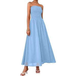 imagePRETTYGARDEN Womens Strapless Wedding Guest Dresses 2025 Summer Trendy Elegant Smocked Tube Top Maxi Long Flowy SundressLight Blue