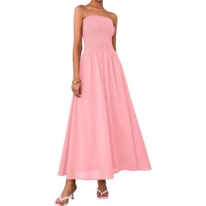 imagePRETTYGARDEN Womens Strapless Wedding Guest Dresses 2025 Summer Trendy Elegant Smocked Tube Top Maxi Long Flowy SundressPink