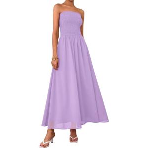 imagePRETTYGARDEN Womens Strapless Wedding Guest Dresses 2025 Summer Trendy Elegant Smocked Tube Top Maxi Long Flowy SundressPurple