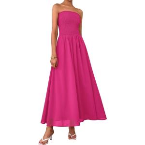 imagePRETTYGARDEN Womens Strapless Wedding Guest Dresses 2025 Summer Trendy Elegant Smocked Tube Top Maxi Long Flowy SundressRose Red