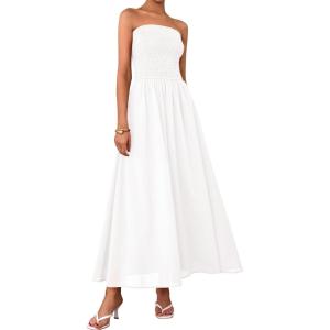 imagePRETTYGARDEN Womens Strapless Wedding Guest Dresses 2025 Summer Trendy Elegant Smocked Tube Top Maxi Long Flowy SundressWhite