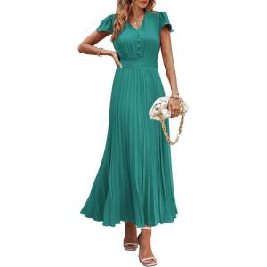 imagePRETTYGARDEN Womens Summer Maxi Dresses 2025 Trendy Casual Button V Neck Ruffle Cap Sleeve Long Flowy Pleated DressBlue Green