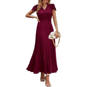 imagePRETTYGARDEN Womens Summer Maxi Dresses 2025 Trendy Casual Button V Neck Ruffle Cap Sleeve Long Flowy Pleated DressDark Wine Red