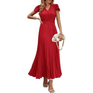 imagePRETTYGARDEN Womens Summer Maxi Dresses 2025 Trendy Casual Button V Neck Ruffle Cap Sleeve Long Flowy Pleated DressRed