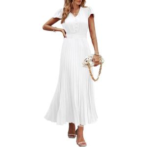 imagePRETTYGARDEN Womens Summer Maxi Dresses 2025 Trendy Casual Button V Neck Ruffle Cap Sleeve Long Flowy Pleated DressWhite