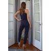 imagePRETTYGARDEN Womens Summer Casual One Piece Jumpsuits Spaghetti Strap Pants Romper 2025 Spring Vacation Resort OutfitsSolid Navy