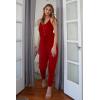 imagePRETTYGARDEN Womens Summer Casual One Piece Jumpsuits Spaghetti Strap Pants Romper 2025 Spring Vacation Resort OutfitsSolid Red