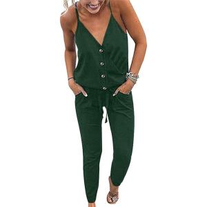 imagePRETTYGARDEN Womens Summer Casual One Piece Jumpsuits Spaghetti Strap Pants Romper 2025 Spring Vacation Resort OutfitsSolid Dark Green