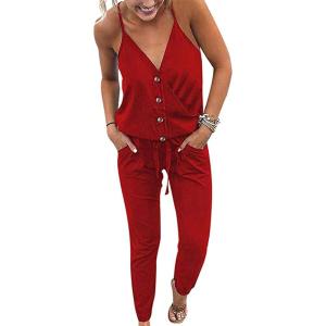 imagePRETTYGARDEN Womens Summer Casual One Piece Jumpsuits Spaghetti Strap Pants Romper 2025 Spring Vacation Resort OutfitsSolid Red