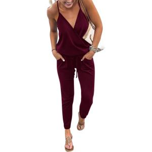 imagePRETTYGARDEN Womens Summer Casual One Piece Jumpsuits Spaghetti Strap Pants Romper 2025 Spring Vacation Resort OutfitsWine Red