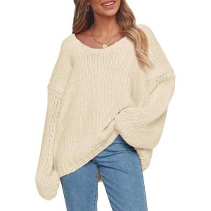 imagePRETTYGARDEN Womens Fall Sweaters Chunky Loose Long Sleeve V Neck Oversized Dressy Casual Knit Pullover TopsBeige