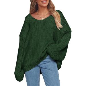 imagePRETTYGARDEN Womens Fall Sweaters Chunky Loose Long Sleeve V Neck Oversized Dressy Casual Knit Pullover TopsDark Green
