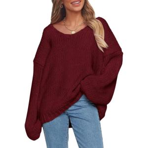 imagePRETTYGARDEN Womens Fall Sweaters Chunky Loose Long Sleeve V Neck Oversized Dressy Casual Knit Pullover TopsWine Red