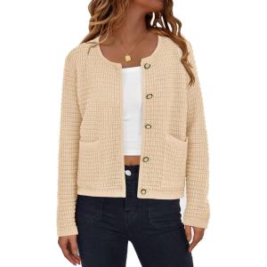 imagePRETTYGARDEN Womens Knit Cardigan Sweaters Fall Fashion Long Sleeve Open Front Button Down Trendy Casual Sweater JacketBeige