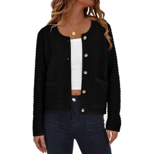 imagePRETTYGARDEN Womens Knit Cardigan Sweaters Fall Fashion Long Sleeve Open Front Button Down Trendy Casual Sweater JacketBlack