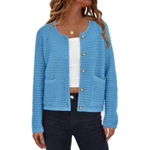imagePRETTYGARDEN Womens Knit Cardigan Sweaters Fall Fashion Long Sleeve Open Front Button Down Trendy Casual Sweater JacketBlue