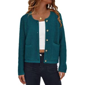 imagePRETTYGARDEN Womens Knit Cardigan Sweaters Fall Fashion Long Sleeve Open Front Button Down Trendy Casual Sweater JacketBlue Green