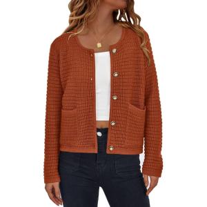 imagePRETTYGARDEN Womens Knit Cardigan Sweaters Fall Fashion Long Sleeve Open Front Button Down Trendy Casual Sweater JacketCaramel
