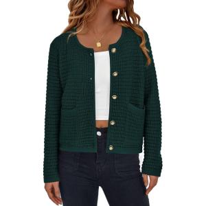 imagePRETTYGARDEN Womens Knit Cardigan Sweaters Fall Fashion Long Sleeve Open Front Button Down Trendy Casual Sweater JacketDark Green