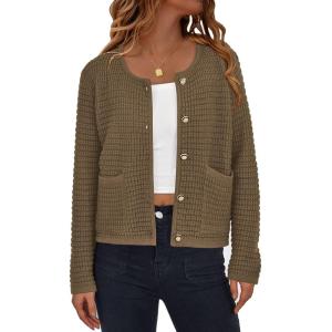 imagePRETTYGARDEN Womens Knit Cardigan Sweaters Fall Fashion Long Sleeve Open Front Button Down Trendy Casual Sweater JacketDark Khaki