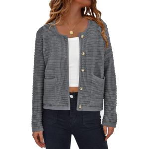 imagePRETTYGARDEN Womens Knit Cardigan Sweaters Fall Fashion Long Sleeve Open Front Button Down Trendy Casual Sweater JacketGrey