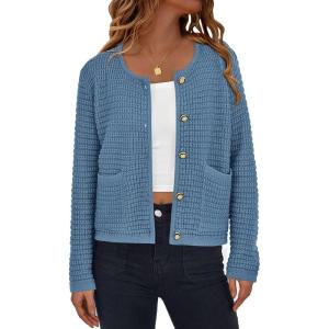 imagePRETTYGARDEN Womens Knit Cardigan Sweaters Fall Fashion Long Sleeve Open Front Button Down Trendy Casual Sweater JacketMist Blue