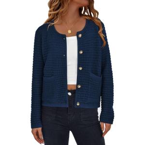 imagePRETTYGARDEN Womens Knit Cardigan Sweaters Fall Fashion Long Sleeve Open Front Button Down Trendy Casual Sweater JacketNavy