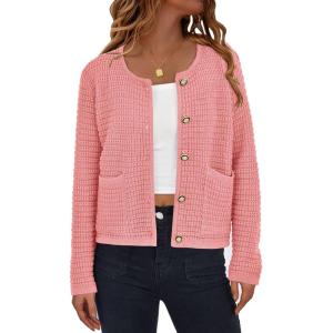 imagePRETTYGARDEN Womens Knit Cardigan Sweaters Fall Fashion Long Sleeve Open Front Button Down Trendy Casual Sweater JacketPink