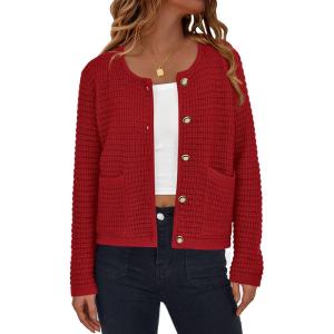 imagePRETTYGARDEN Womens Knit Cardigan Sweaters Fall Fashion Long Sleeve Open Front Button Down Trendy Casual Sweater JacketRed