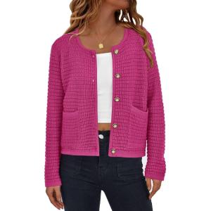 imagePRETTYGARDEN Womens Knit Cardigan Sweaters Fall Fashion Long Sleeve Open Front Button Down Trendy Casual Sweater JacketRose Red