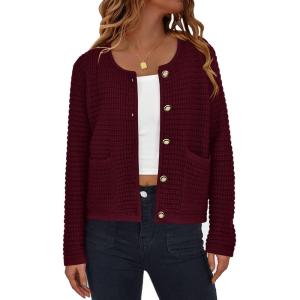 imagePRETTYGARDEN Womens Knit Cardigan Sweaters Fall Fashion Long Sleeve Open Front Button Down Trendy Casual Sweater JacketWine Red