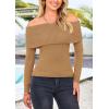 imagePRETTYGARDEN Womens Fall Off Shoulder Sweaters Y2K Long Sleeve Ribbed Knit Fitted Pullover Winter Date Night Tops BlouseKhaki