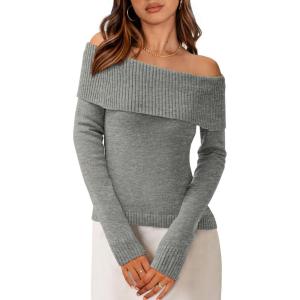 imagePRETTYGARDEN Womens Fall Off Shoulder Sweaters Y2K Long Sleeve Ribbed Knit Fitted Pullover Winter Date Night Tops BlouseGrey