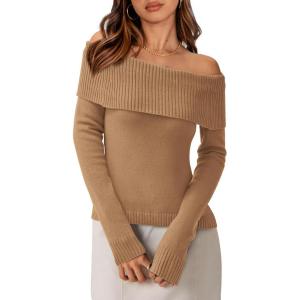 imagePRETTYGARDEN Womens Fall Off Shoulder Sweaters Y2K Long Sleeve Ribbed Knit Fitted Pullover Winter Date Night Tops BlouseKhaki
