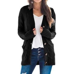 imagePRETTYGARDEN Womens Open Front Cardigan Sweaters Fall Fashion Button Down Cable Knit Chunky Winter Outerwear CoatsBlack
