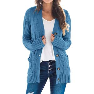 imagePRETTYGARDEN Womens Open Front Cardigan Sweaters Fall Fashion Button Down Cable Knit Chunky Winter Outerwear CoatsBlue
