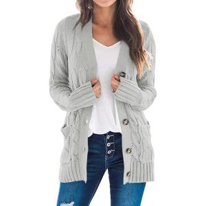 imagePRETTYGARDEN Womens Open Front Cardigan Sweaters Fall Fashion Button Down Cable Knit Chunky Winter Outerwear CoatsGrey